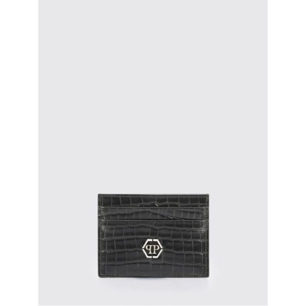 Philipp Plein Calfskin Card Holder With Crocodile Print And Hexagon Logo